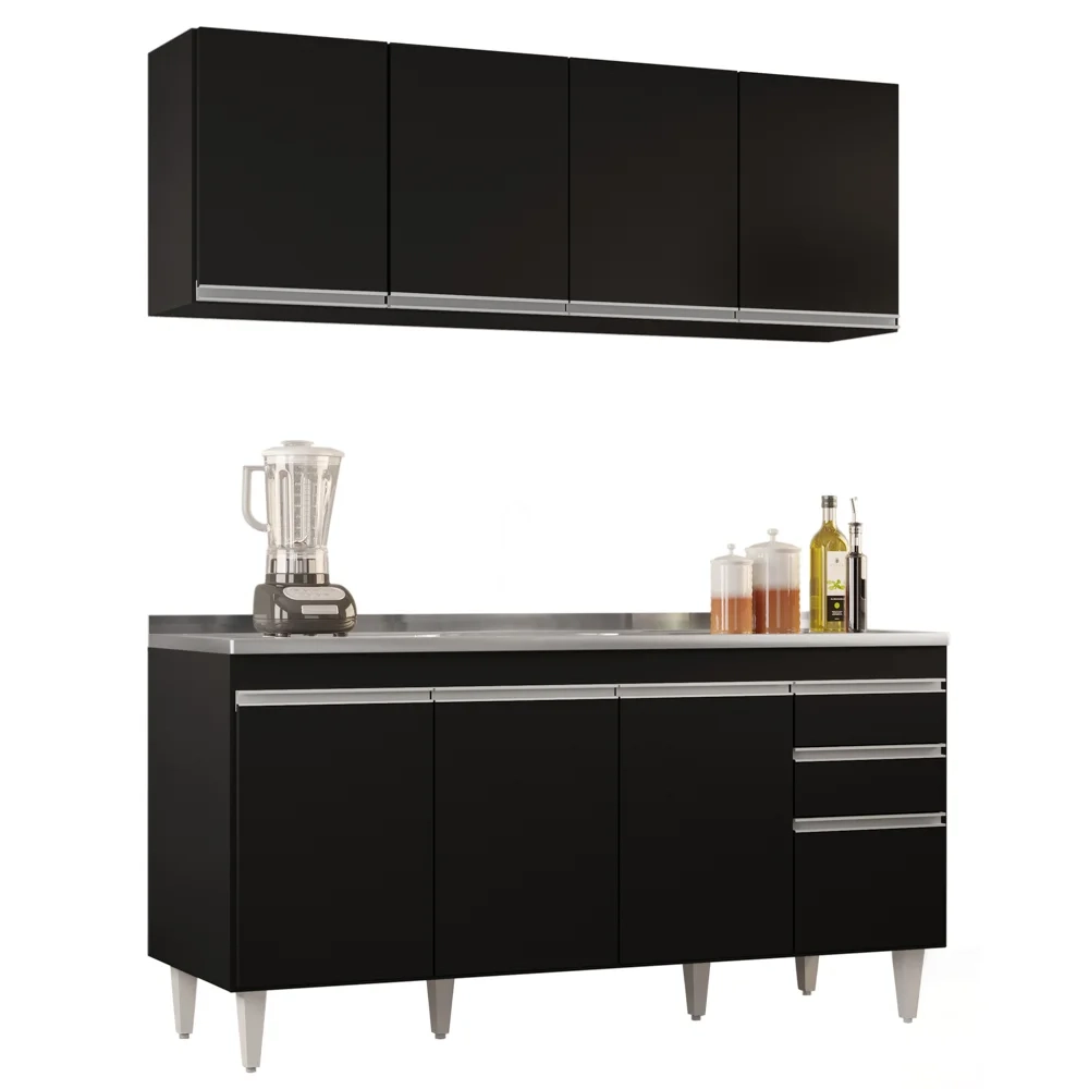 Armário Aéreo Nevada e Balcão Gabinete com Pia 160cm Arkansas Preto - Lumil