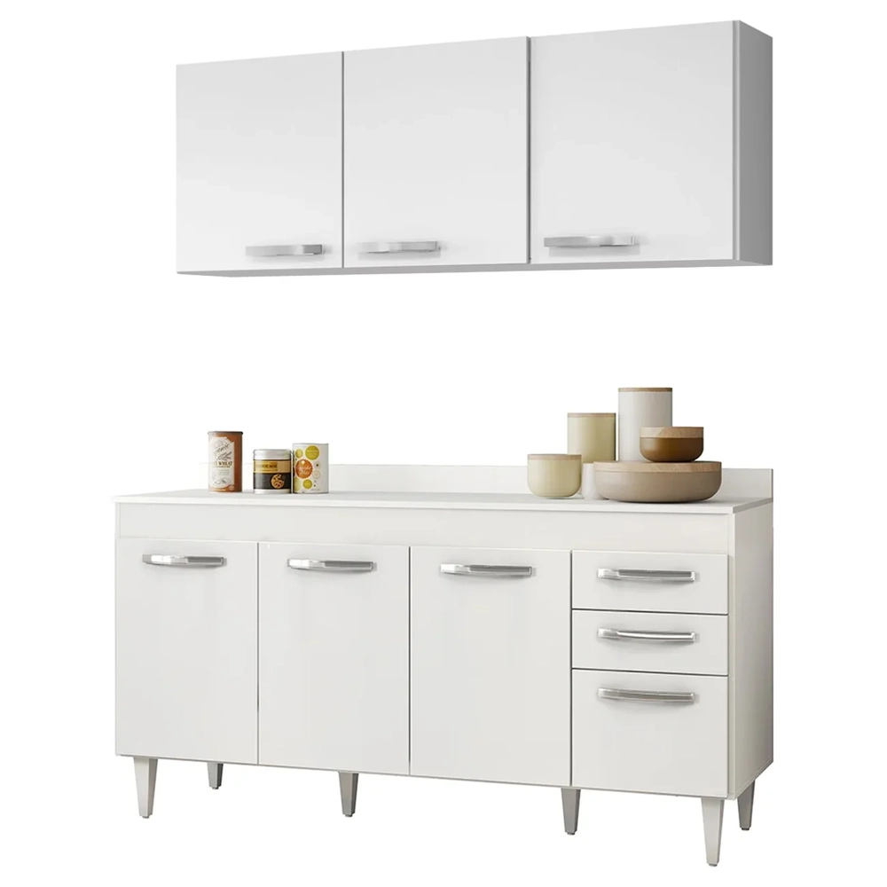 Armário Aéreo Parma e Balcão para Pia com Tampo 150cm Lisboa Branco - Lumil