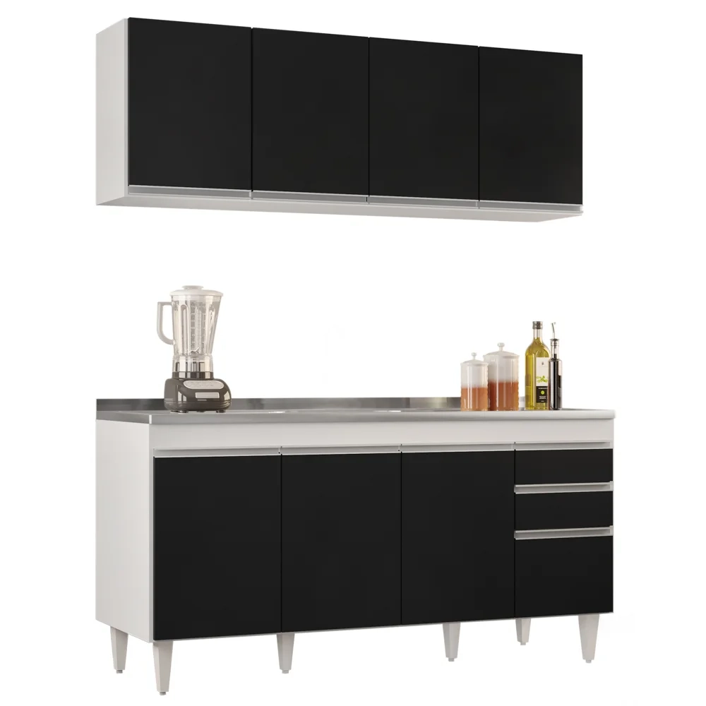 Armário Aéreo Nevada e Balcão Gabinete com Pia 160cm Arkansas Branco/Preto - Lumil