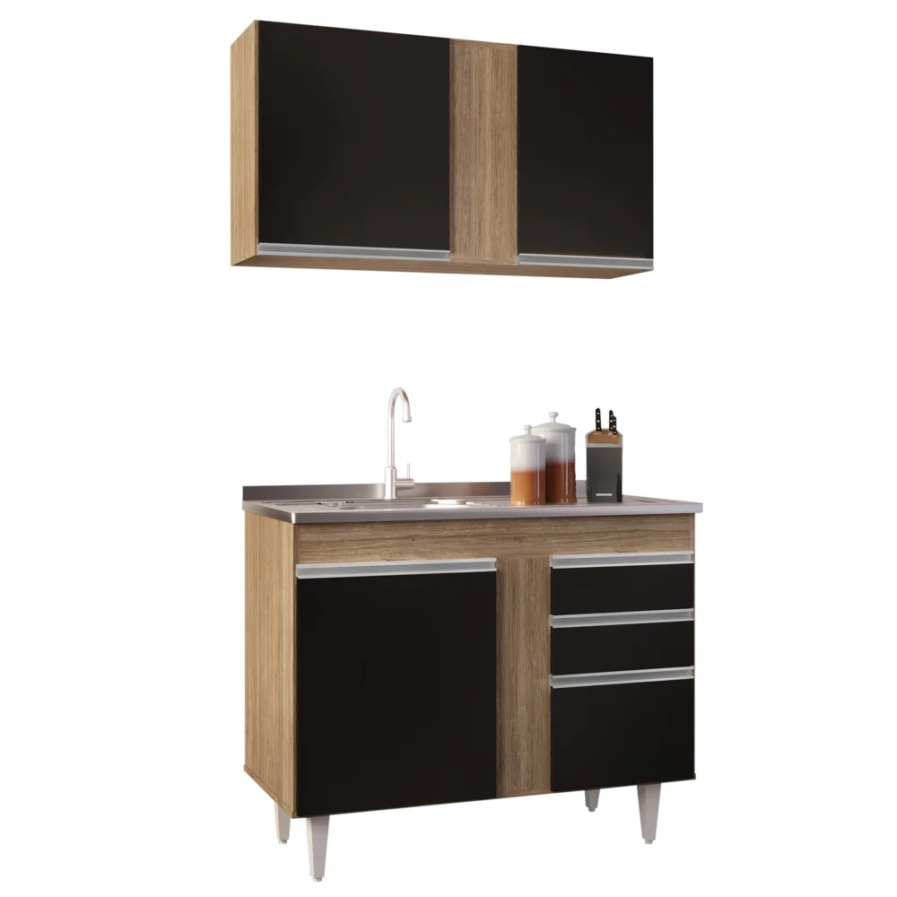 Armário Aéreo Indiana e Balcão Gabinete 100cm com Pia Inox Luziania Castanho/Preto - Lumil