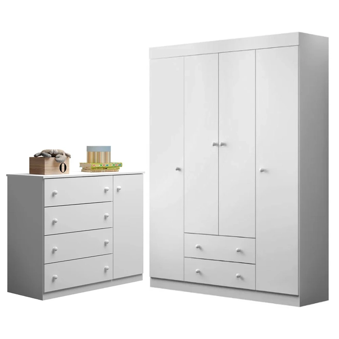 Jogo de Quarto Infantil Guarda Roupa e Cômoda Ellie Z39 Branco - Mpozenato