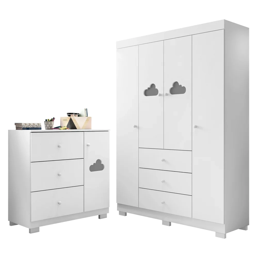 Jogo de Quarto Infantil Guarda Roupa e Cômoda Amora Z39 Branco - Mpozenato