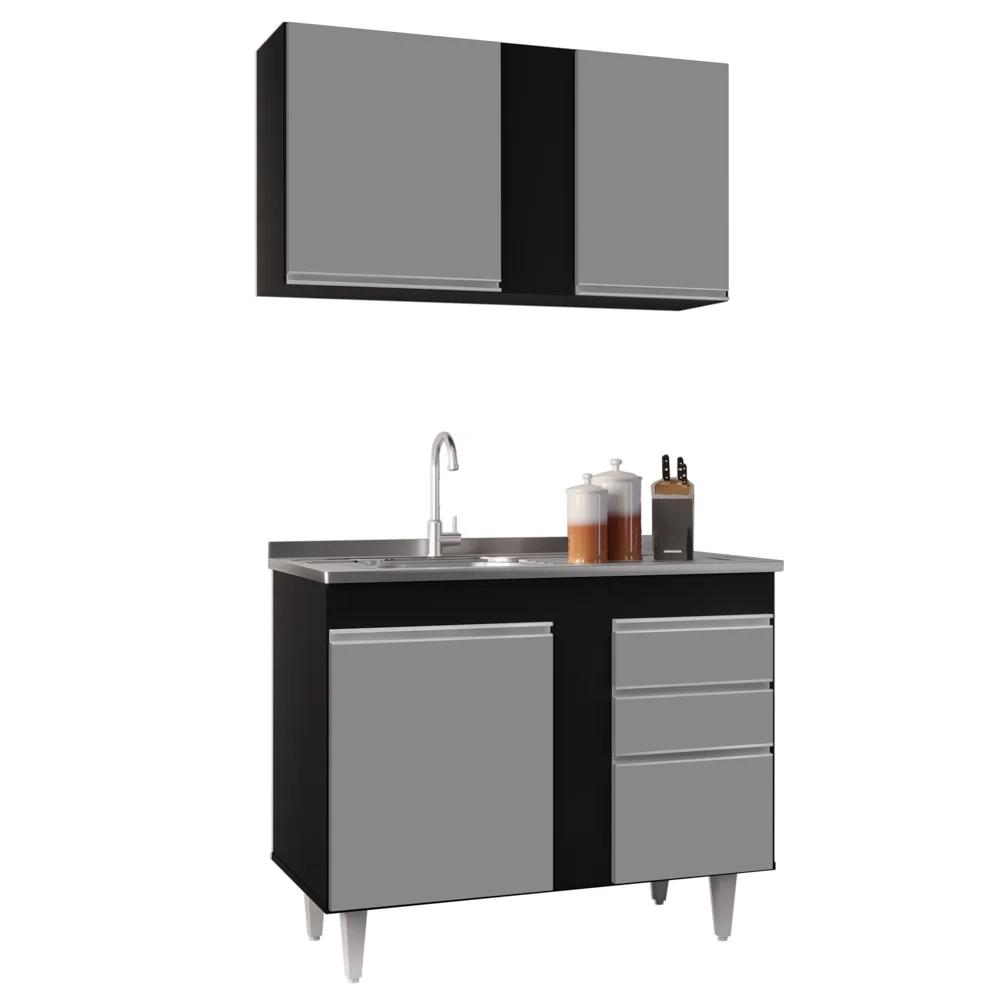 Armário Aéreo Indiana e Balcão Gabinete 100cm com Pia Inox Luziania Preto/Cinza- Lumil