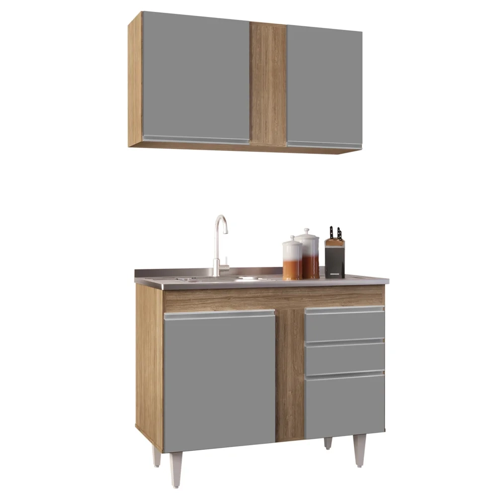 Armário Aéreo Indiana e Balcão Gabinete 100cm com Pia Inox Luziania Castanho/Cinza - Lumil