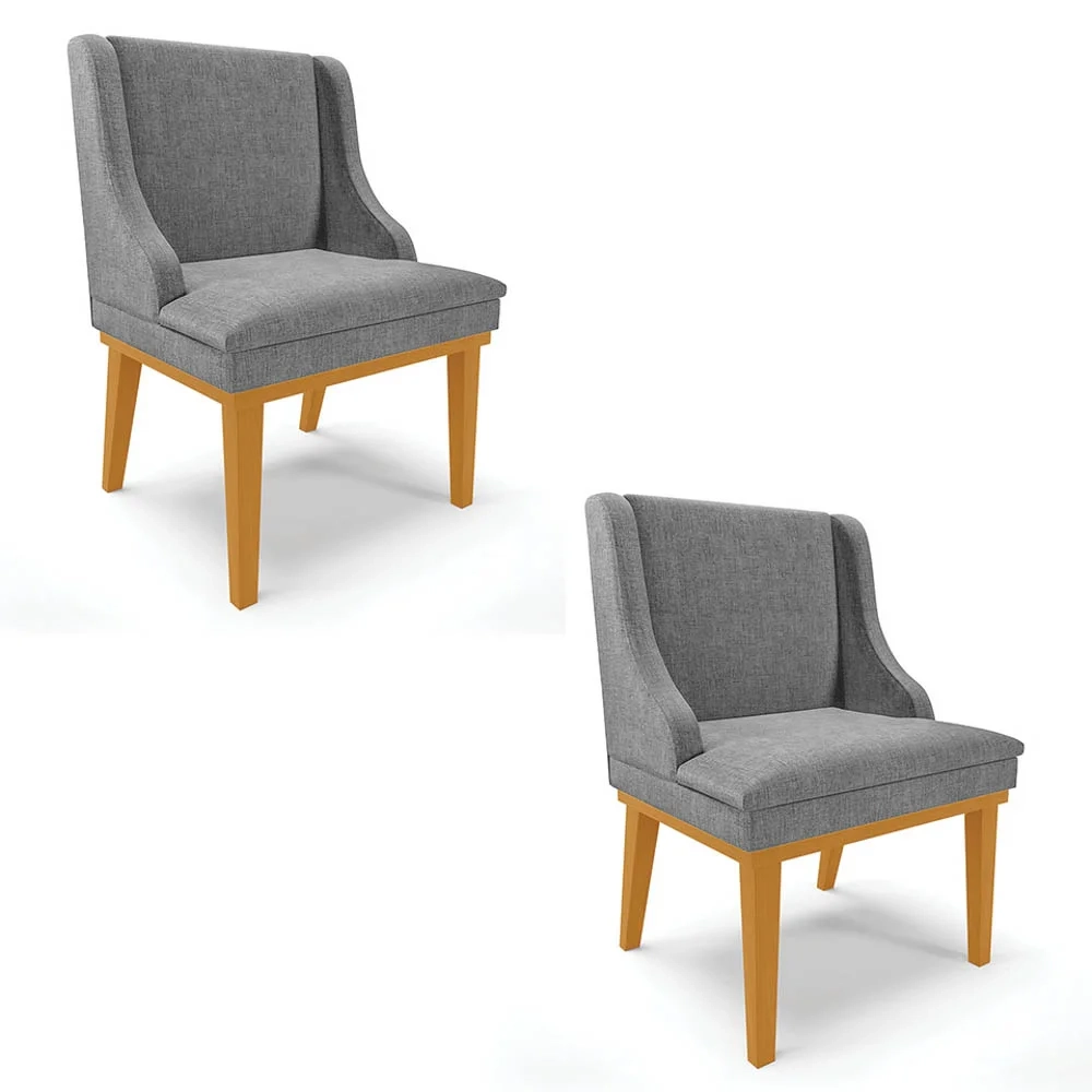 Kit 2 Cadeiras Estofadas para Sala de Jantar Base Fixa de Madeira Castanho Lia Linho Grafite - Ibiza