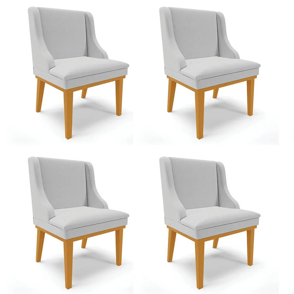 Kit 4 Cadeiras Estofadas para Sala de Jantar Base Fixa de Madeira Castanho Lia Linho Cinza - Ibiza