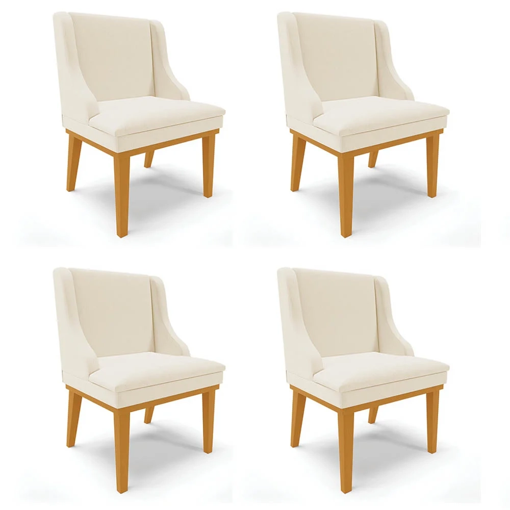 Kit 4 Cadeiras Estofadas para Sala de Jantar Base Fixa de Madeira Castanho Lia Linho Bege - Ibiza