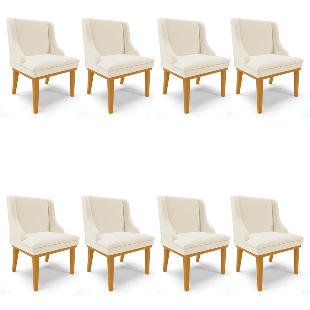 Kit 8 Cadeiras Estofadas para Sala de Jantar Base Fixa de Madeira Castanho Lia Linho Bege - Ibiza