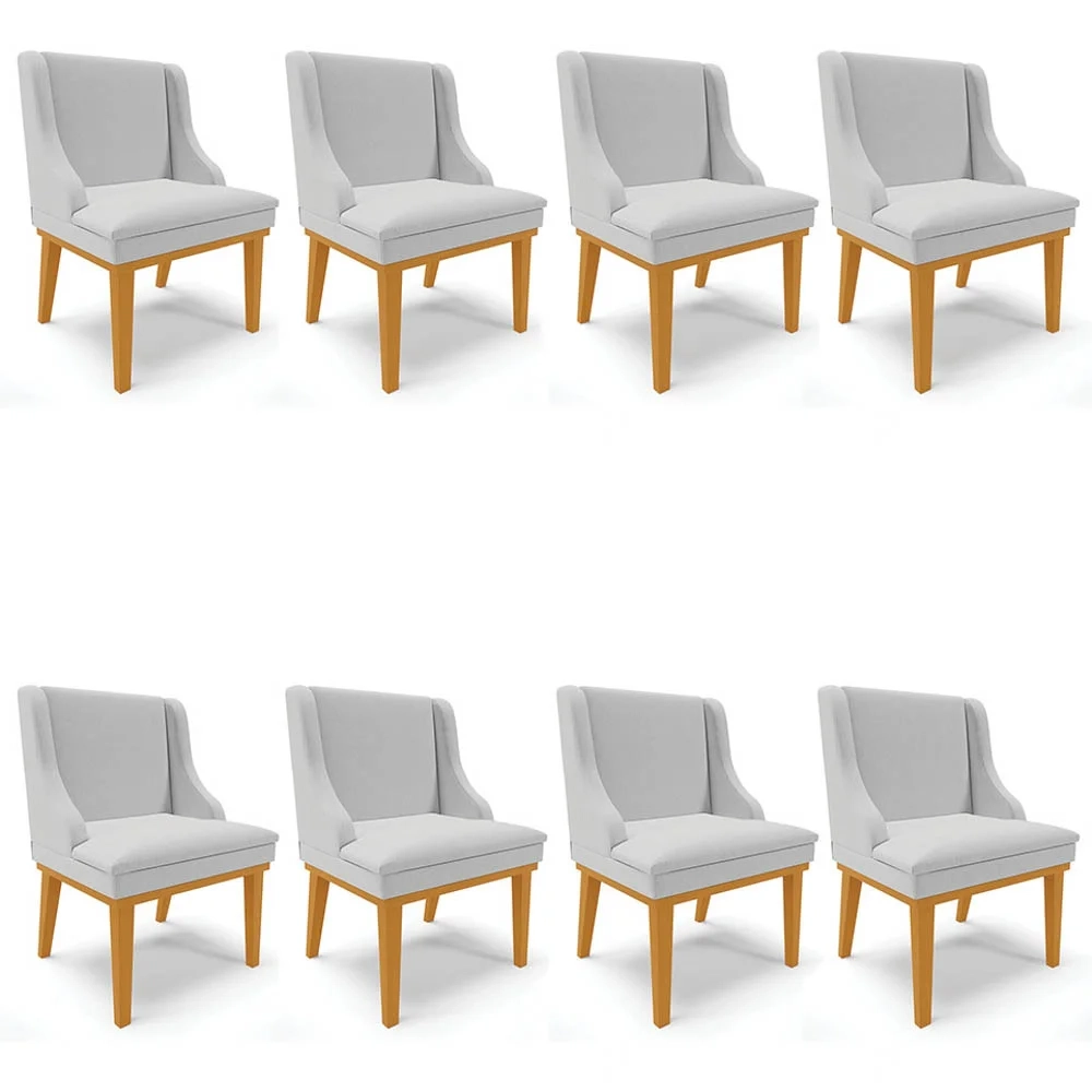 Kit 8 Cadeiras Estofadas para Sala de Jantar Base Fixa de Madeira Castanho Lia Linho Cinza - Ibiza