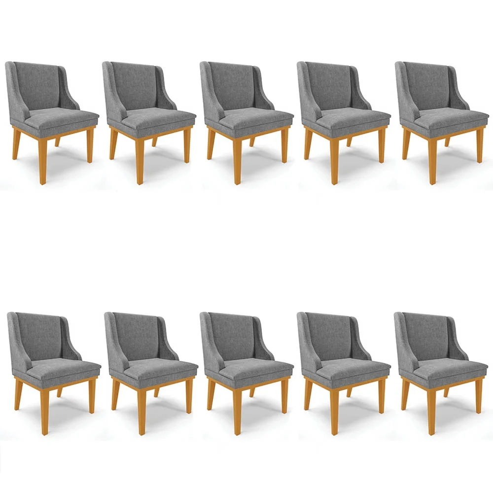 Kit 10 Cadeiras Estofadas para Sala de Jantar Base Fixa de Madeira Castanho Lia Linho Grafite - Ibiza