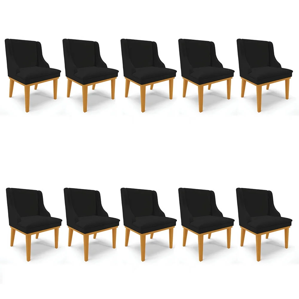 Kit 10 Cadeiras Estofadas para Sala de Jantar Base Fixa de Madeira Castanho Lia Linho Preto - Ibiza