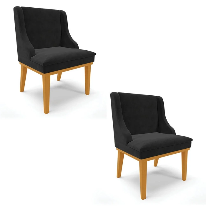 Kit 2 Cadeiras Estofadas para Sala de Jantar Base Fixa de Madeira Castanho Lia Suede Preto - Ibiza