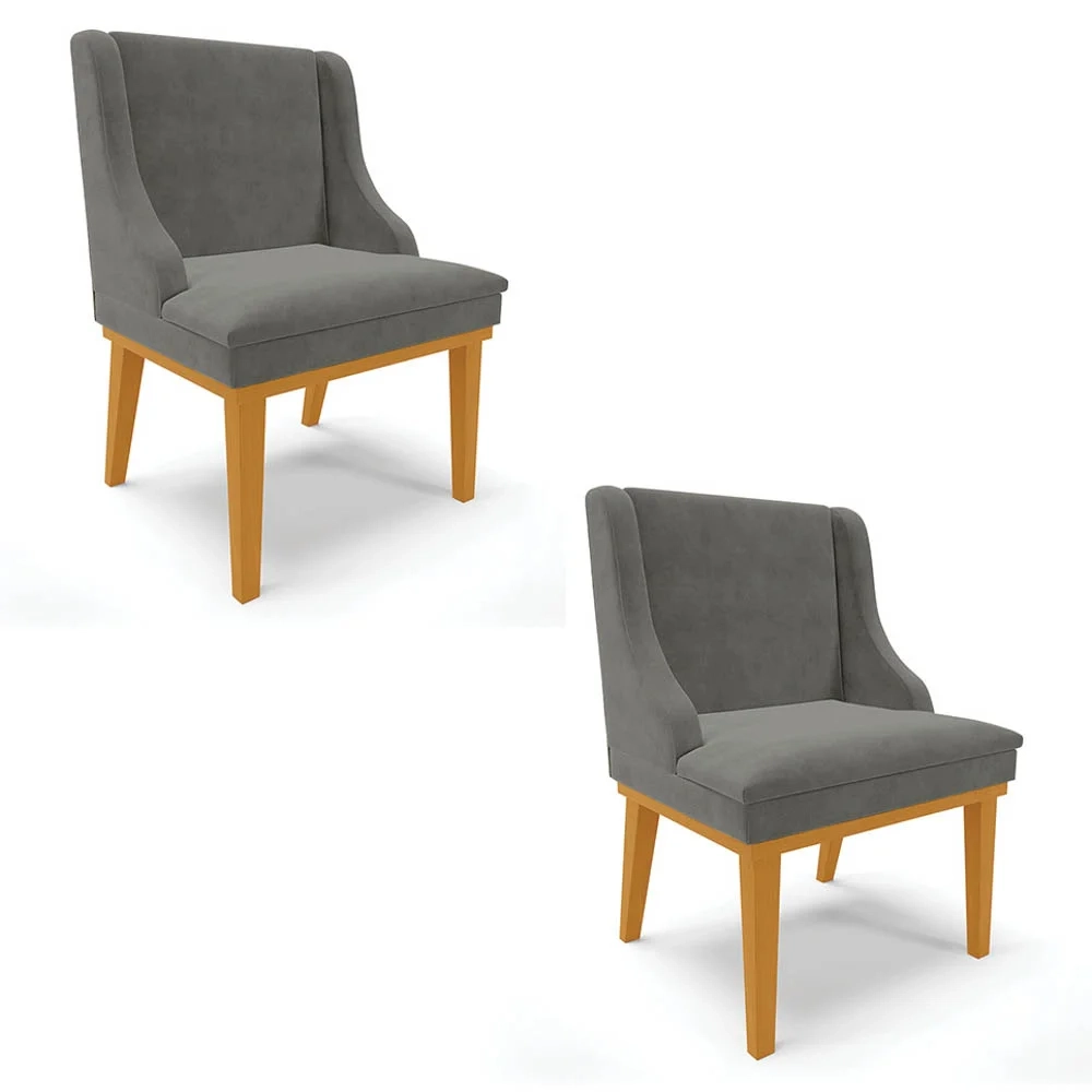Kit 2 Cadeiras Estofadas para Sala de Jantar Base Fixa de Madeira Castanho Lia Suede Grafite - Ibiza