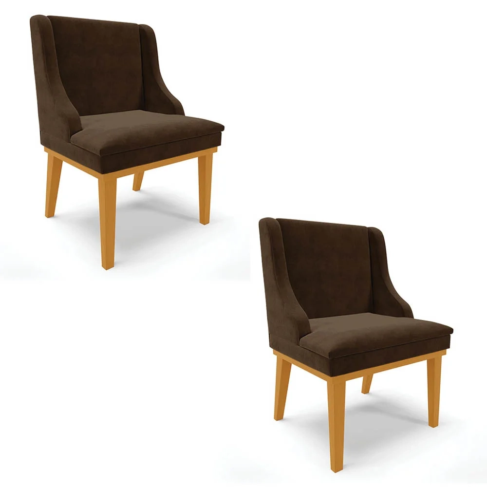 Kit 2 Cadeiras Estofadas para Sala de Jantar Base Fixa de Madeira Castanho Lia Suede Marrom - Ibiza