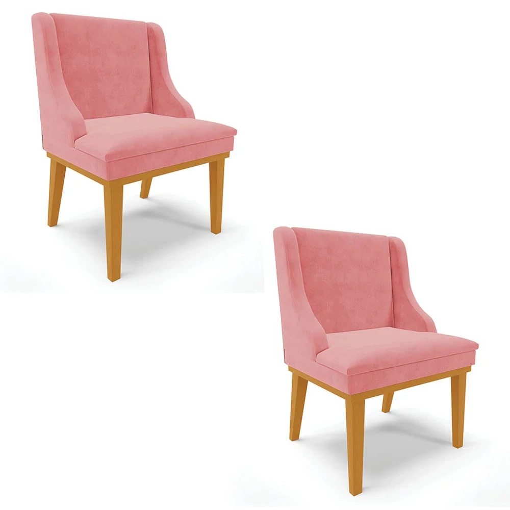 Kit 2 Cadeiras Estofadas para Sala de Jantar Base Fixa de Madeira Castanho Lia Suede Rosê - Ibiza