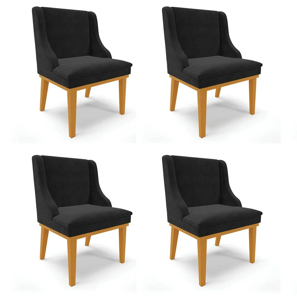 Kit 4 Cadeiras Estofadas para Sala de Jantar Base Fixa de Madeira Castanho Lia Suede Preto - Ibiza