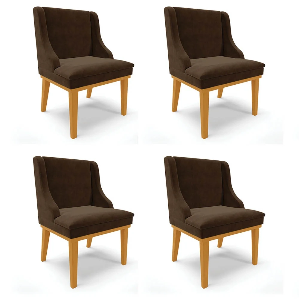 Kit 4 Cadeiras Estofadas para Sala de Jantar Base Fixa de Madeira Castanho Lia Suede Marrom - Ibiza