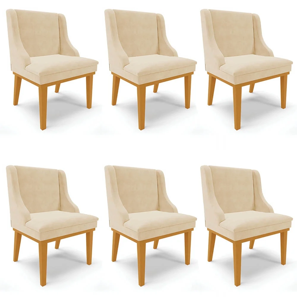 Kit 6 Cadeiras Estofadas para Sala de Jantar Base Fixa de Madeira Castanho Lia Suede Bege - Ibiza