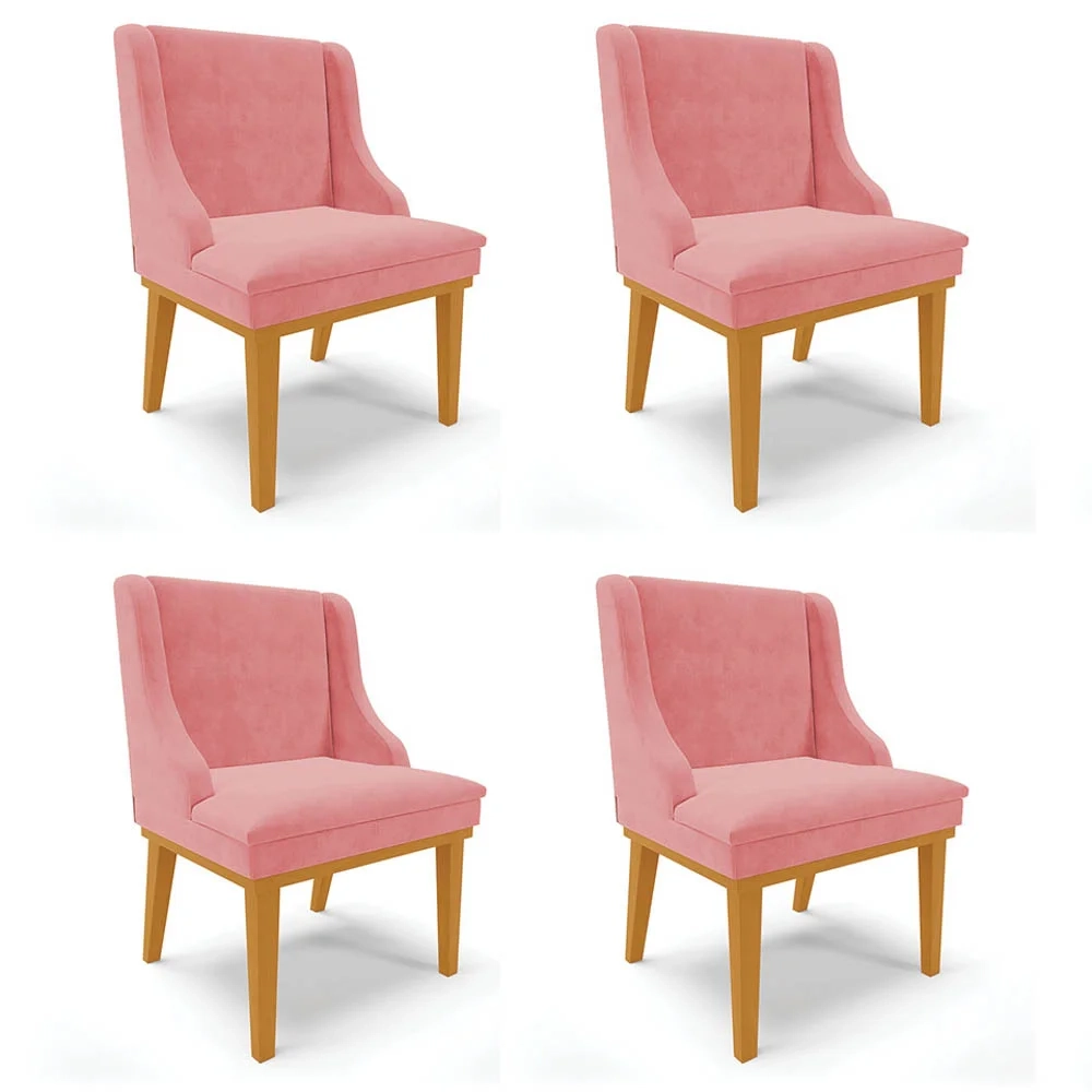 Kit 4 Cadeiras Estofadas para Sala de Jantar Base Fixa de Madeira Castanho Lia Suede Rosê - Ibiza