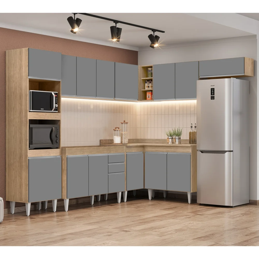 Armário de Cozinha Modulada de Canto 8 Peças CP01 Balcão Castanho/Cinza - Lumil