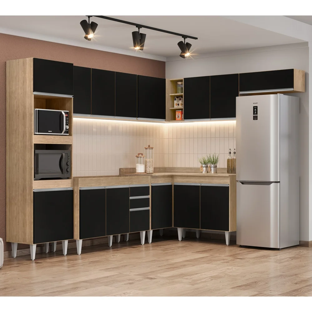 Armário de Cozinha Modulada de Canto 8 Peças CP01 Balcão Castanho/Preto - Lumil