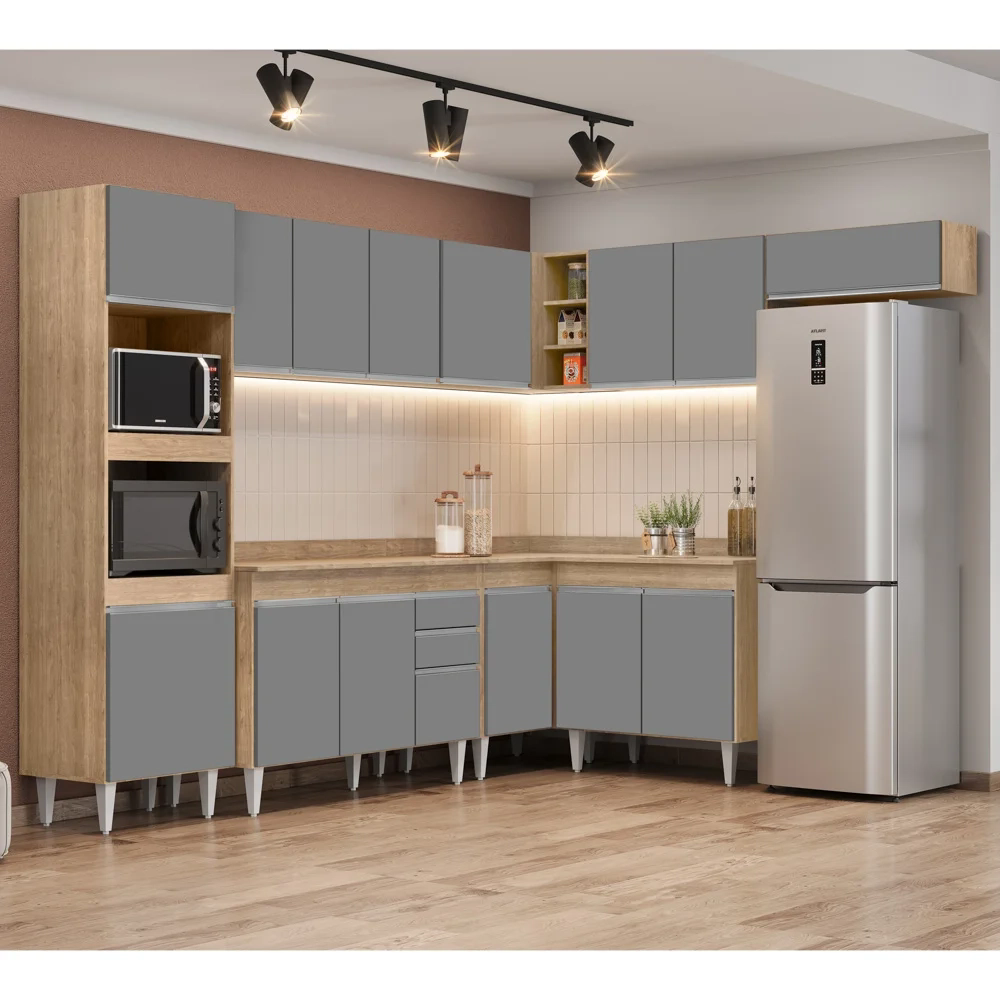 Armário de Cozinha Modulada de Canto 8 Peças CP02 Balcão com Tampo Castanho/Cinza - Lumil