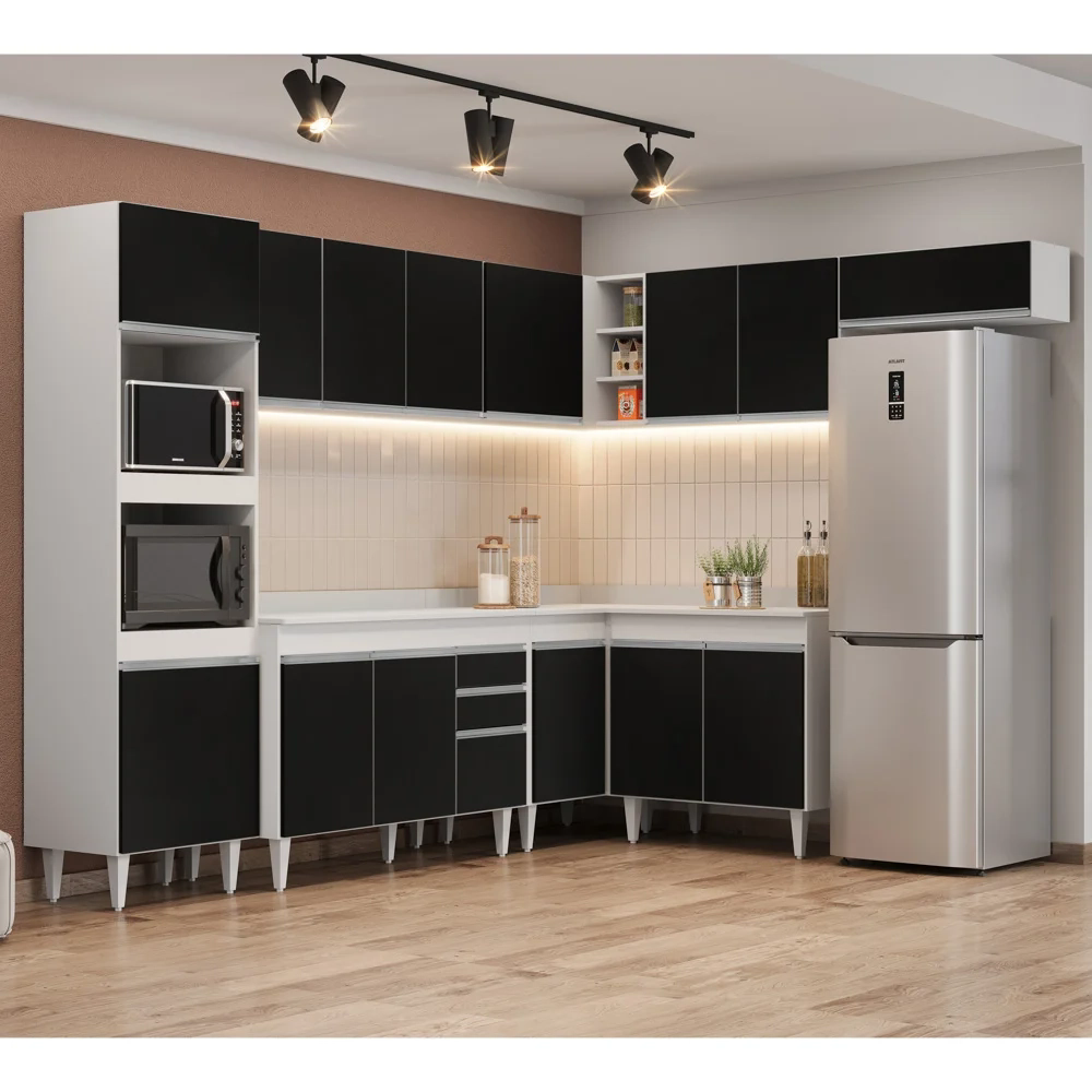 Armário de Cozinha Modulada de Canto 8 Peças CP02 Balcão com Tampo Branco/Preto - Lumil