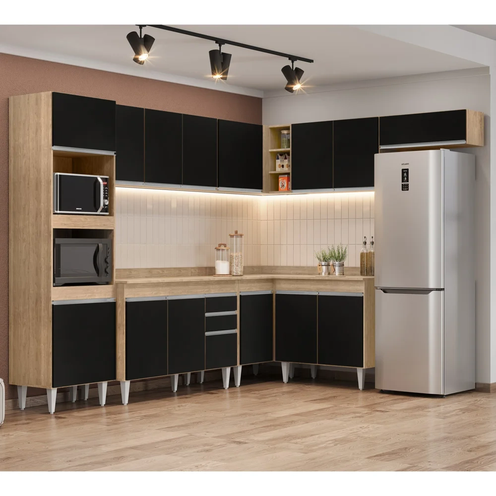 Armário de Cozinha Modulada de Canto 8 Peças CP02 Balcão com Tampo Castanho/Preto - Lumil