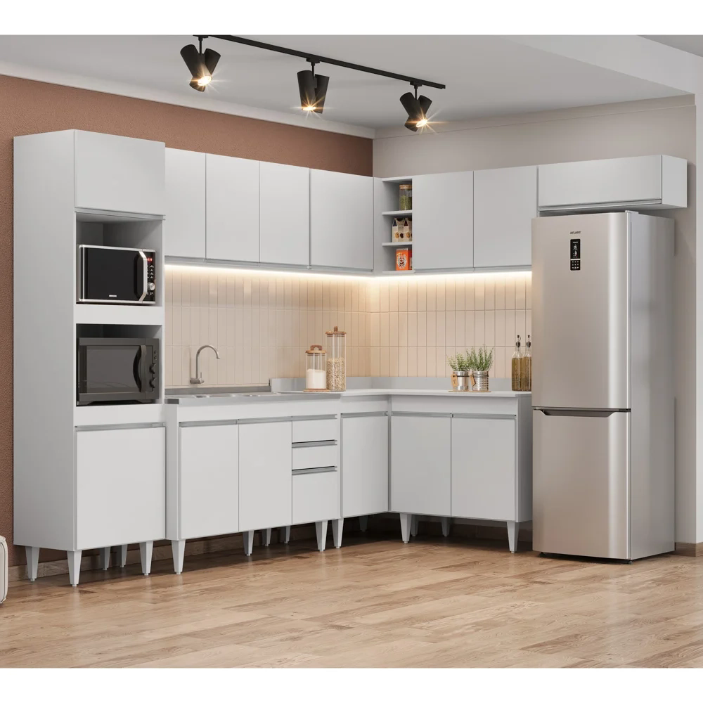 Armário de Cozinha Modulada de Canto 8 Peças CP03 Balcão com Pia Inox Branco - Lumil