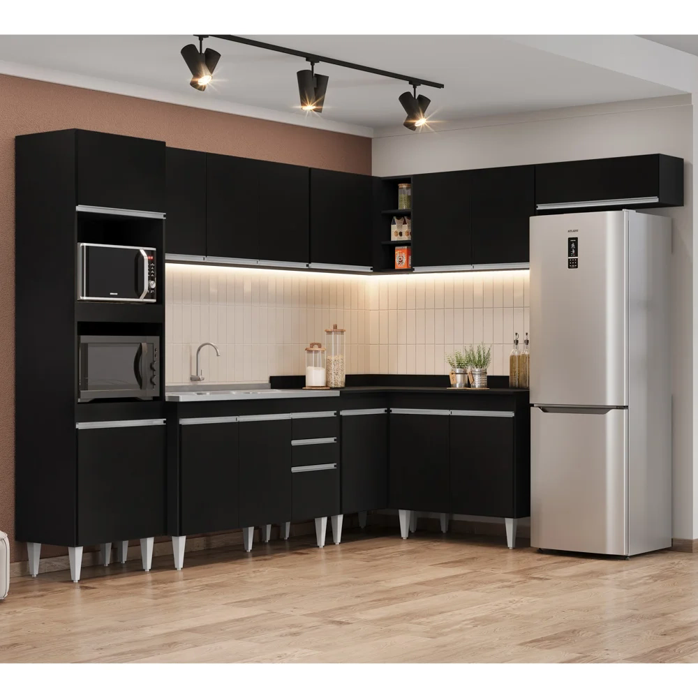 Armário de Cozinha Modulada de Canto 8 Peças CP03 Balcão com Pia Inox Preto - Lumil