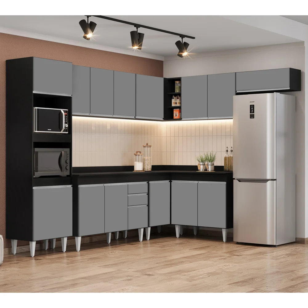 Armário de Cozinha Modulada de Canto 8 Peças CP02 Balcão com Tampo Preto/Cinza - Lumil