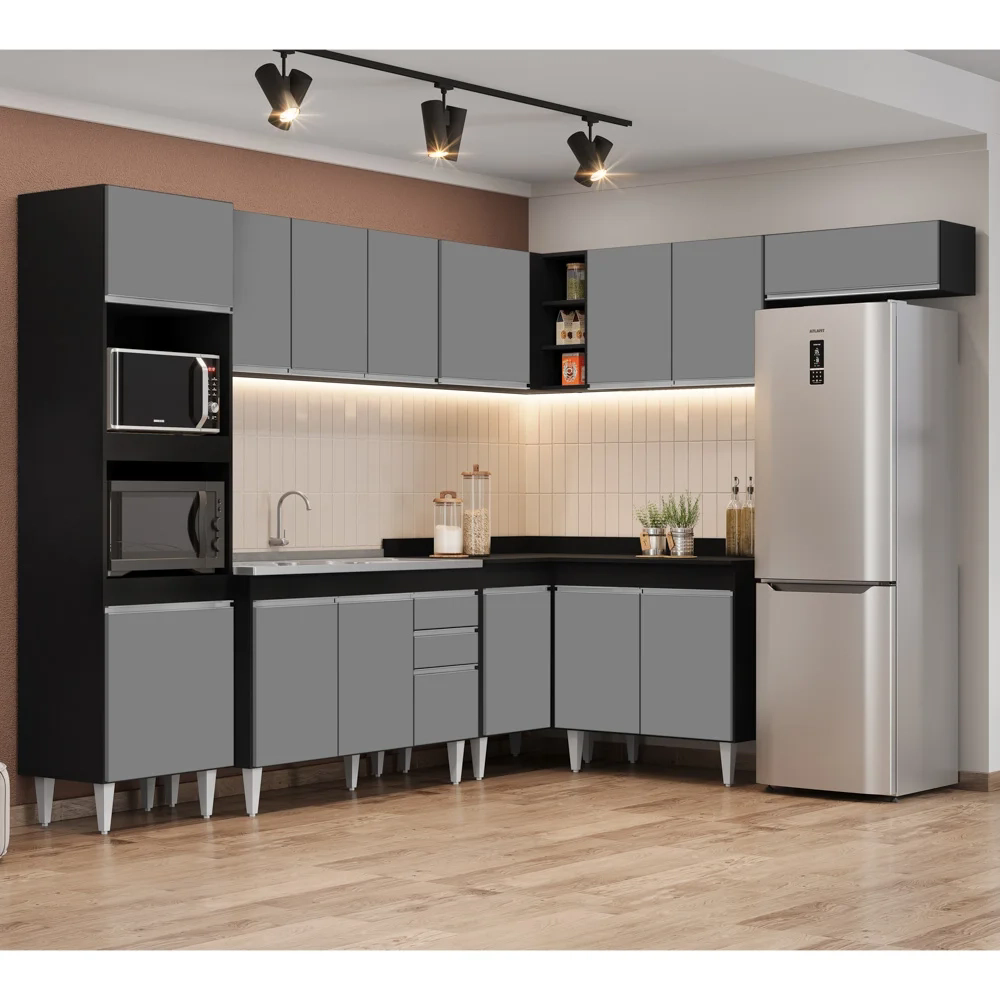 Armário de Cozinha Modulada de Canto 8 Peças CP03 Balcão com Pia Inox Preto/Cinza - Lumil