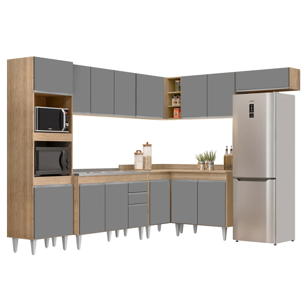 Armário de Cozinha Modulada de Canto 8 Peças CP03 Balcão com Pia Inox Castanho/Cinza - Lumil