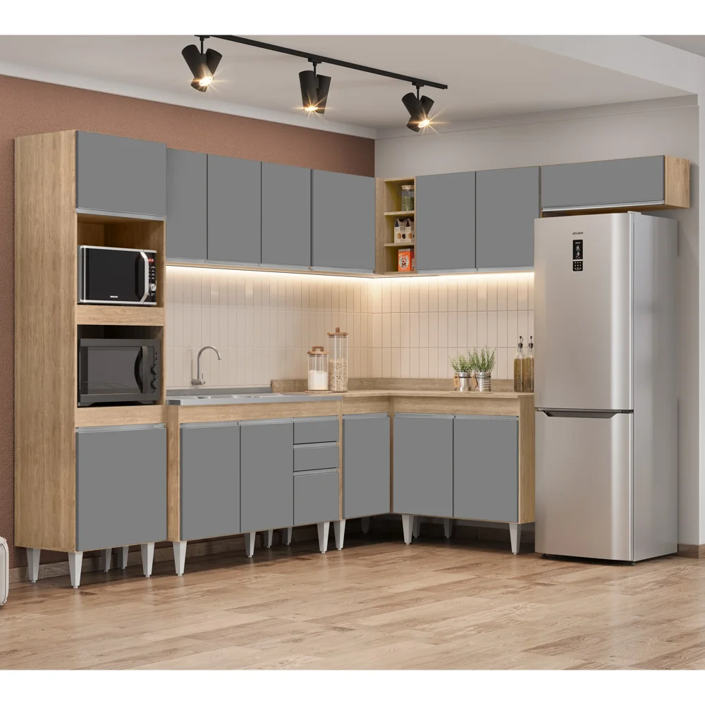 Armário de Cozinha Modulada de Canto 8 Peças CP03 Balcão com Pia Inox Castanho/Cinza - Lumil