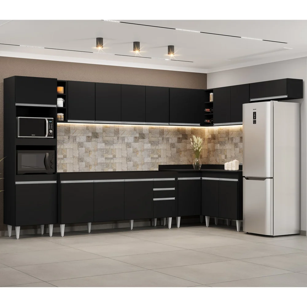 Armário de Cozinha Modulada de Canto 9 Peças CP04 Balcão Preto - Lumil