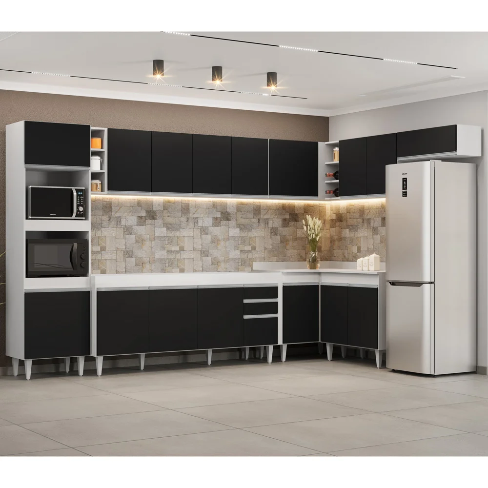 Armário de Cozinha Modulada de Canto 9 Peças CP04 Balcão Branco/Preto - Lumil