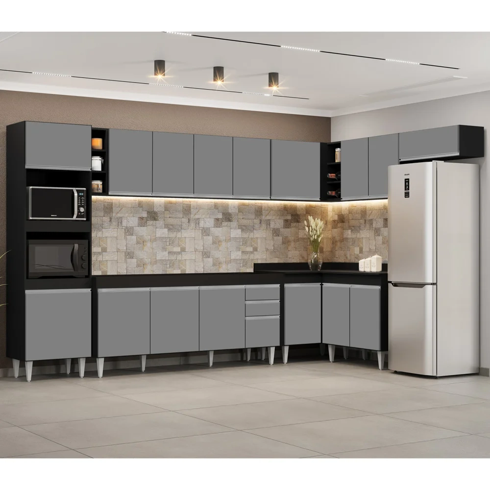 Armário de Cozinha Modulada de Canto 9 Peças CP04 Balcão Preto/Cinza - Lumil