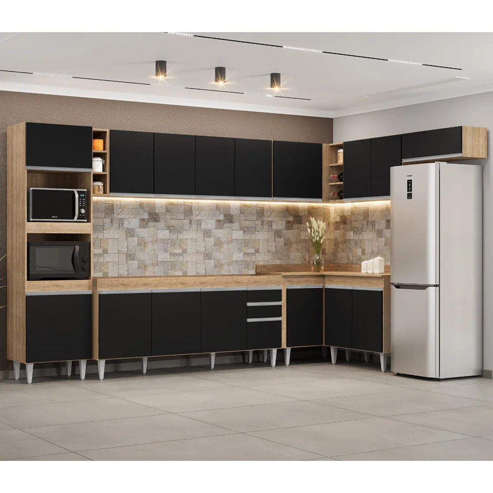 Armário de Cozinha Modulada de Canto 9 Peças CP04 Balcão Castanho/Preto - Lumil
