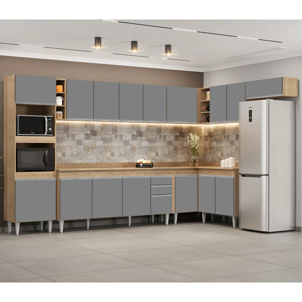Armário de Cozinha Modulada de Canto 9 Peças CP05 Balcão com Tampo Castanho/Cinza - Lumil