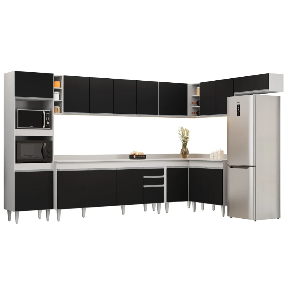 Armário de Cozinha Modulada de Canto 9 Peças CP05 Balcão com Tampo Branco/Preto - Lumil
