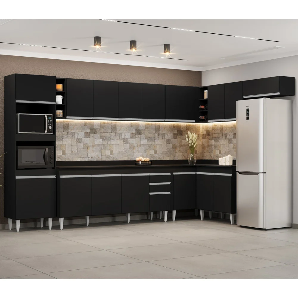 Armário de Cozinha Modulada de Canto 9 Peças CP05 Balcão com Tampo Preto - Lumil