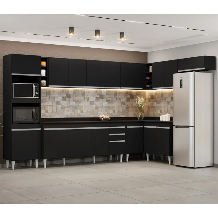 Armário de Cozinha Modulada de Canto 9 Peças CP05 Balcão com Tampo Preto - Lumil