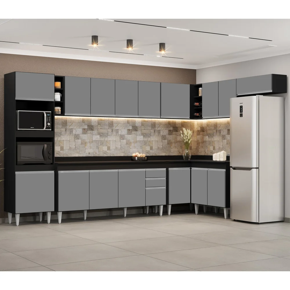 Armário de Cozinha Modulada de Canto 9 Peças CP05 Balcão com Tampo Preto/Cinza -