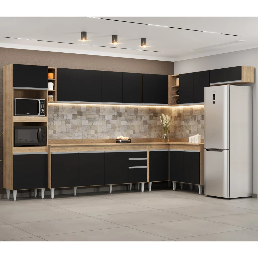 Armário de Cozinha Modulada de Canto 9 Peças CP05 Balcão com Tampo Castanho/Preto - Lumil