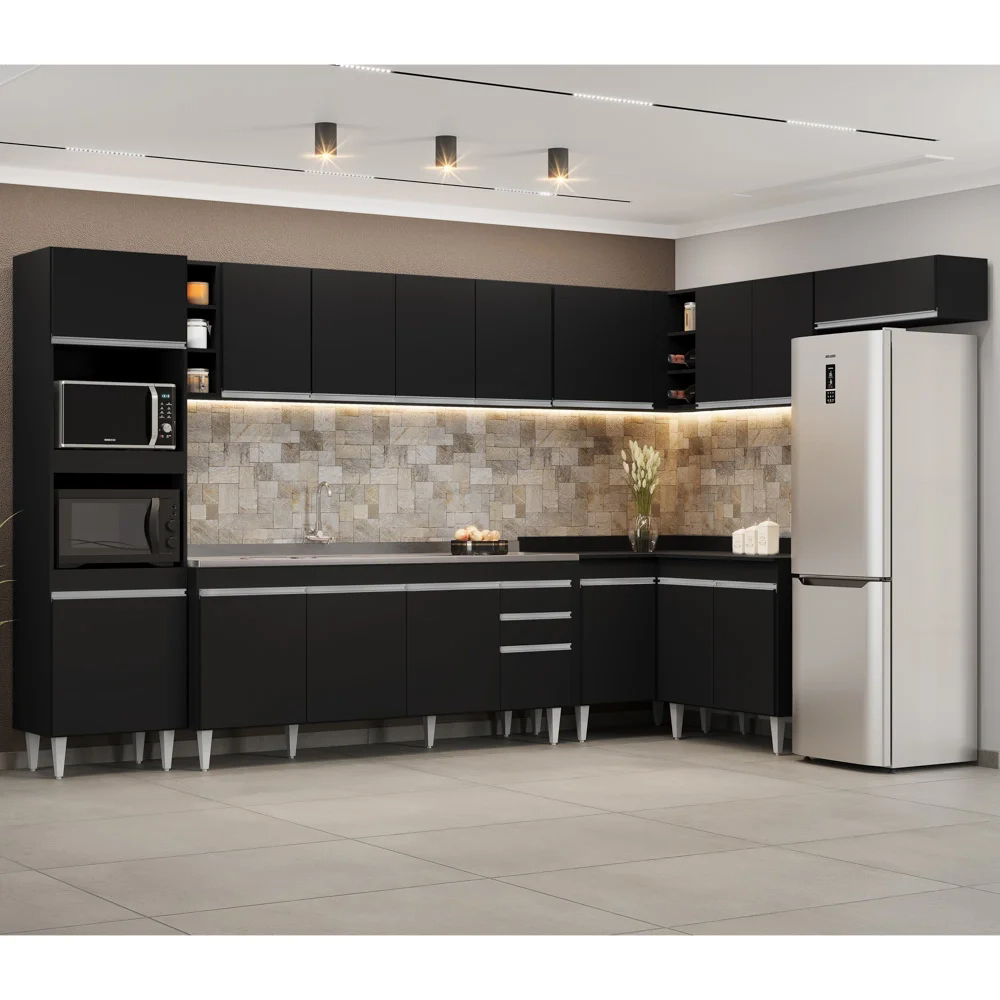 Armário de Cozinha Modulada de Canto 9 Peças CP06 Balcão com Pia Inox Preto - Lumil