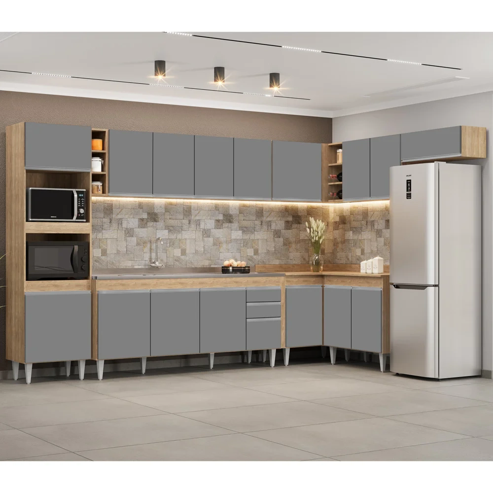 Armário de Cozinha Modulada de Canto 9 Peças CP06 Balcão com Pia Inox Castanho/Cinza - Lumil