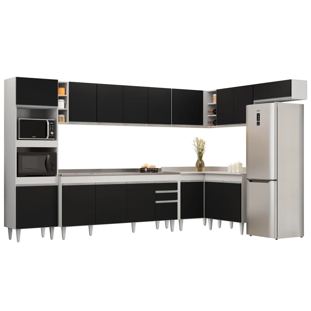 Armário de Cozinha Modulada de Canto 9 Peças CP06 Balcão com Pia Inox Branco/Preto - Lumil