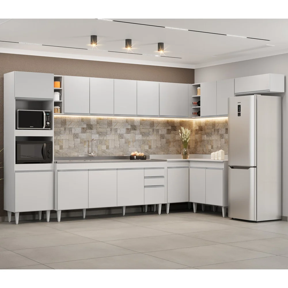 Armário de Cozinha Modulada de Canto 9 Peças CP06 Balcão com Pia Inox Branco - Lumil