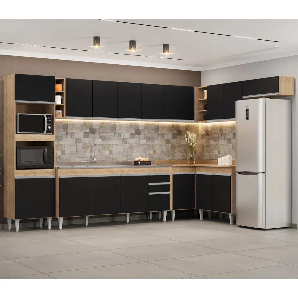 Armário de Cozinha Modulada de Canto 9 Peças CP06 Balcão com Pia Inox Castanho/Preto - Lumil