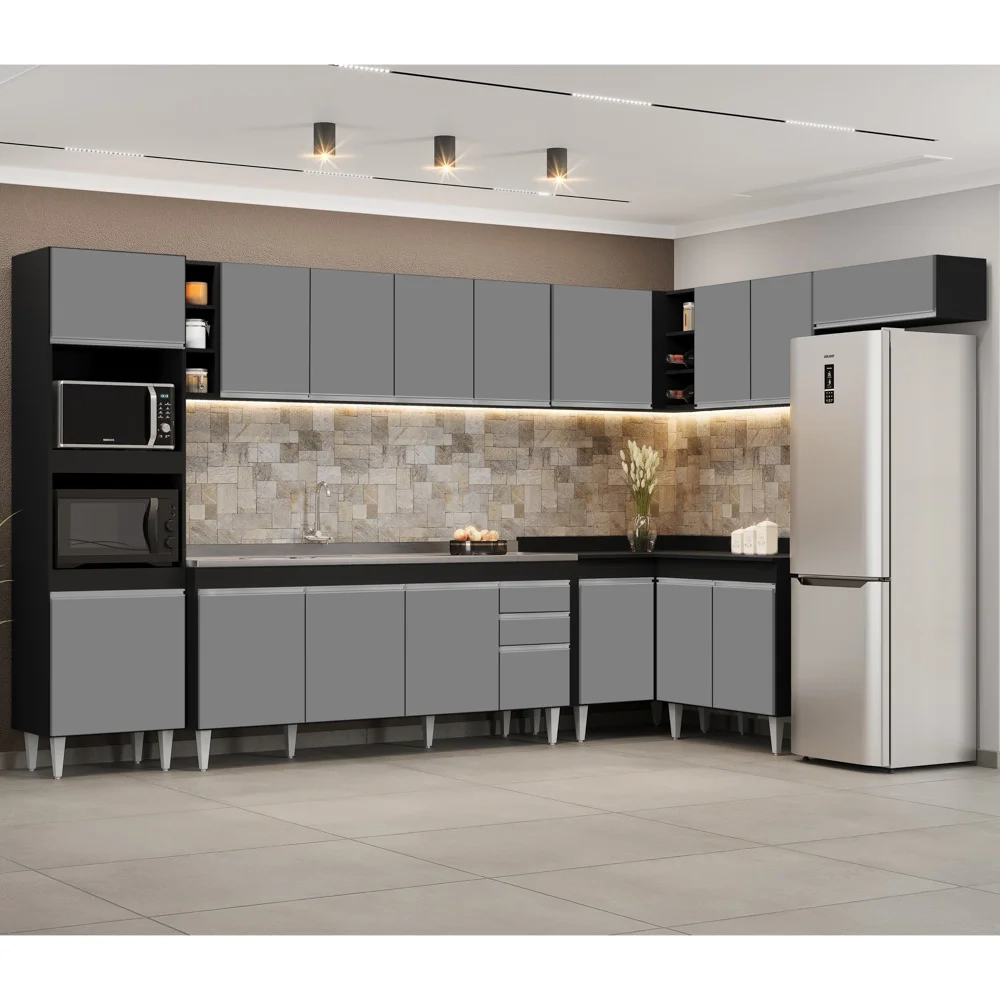 Armário de Cozinha Modulada de Canto 9 Peças CP06 Balcão com Pia Inox Preto/Cinza - Lumil